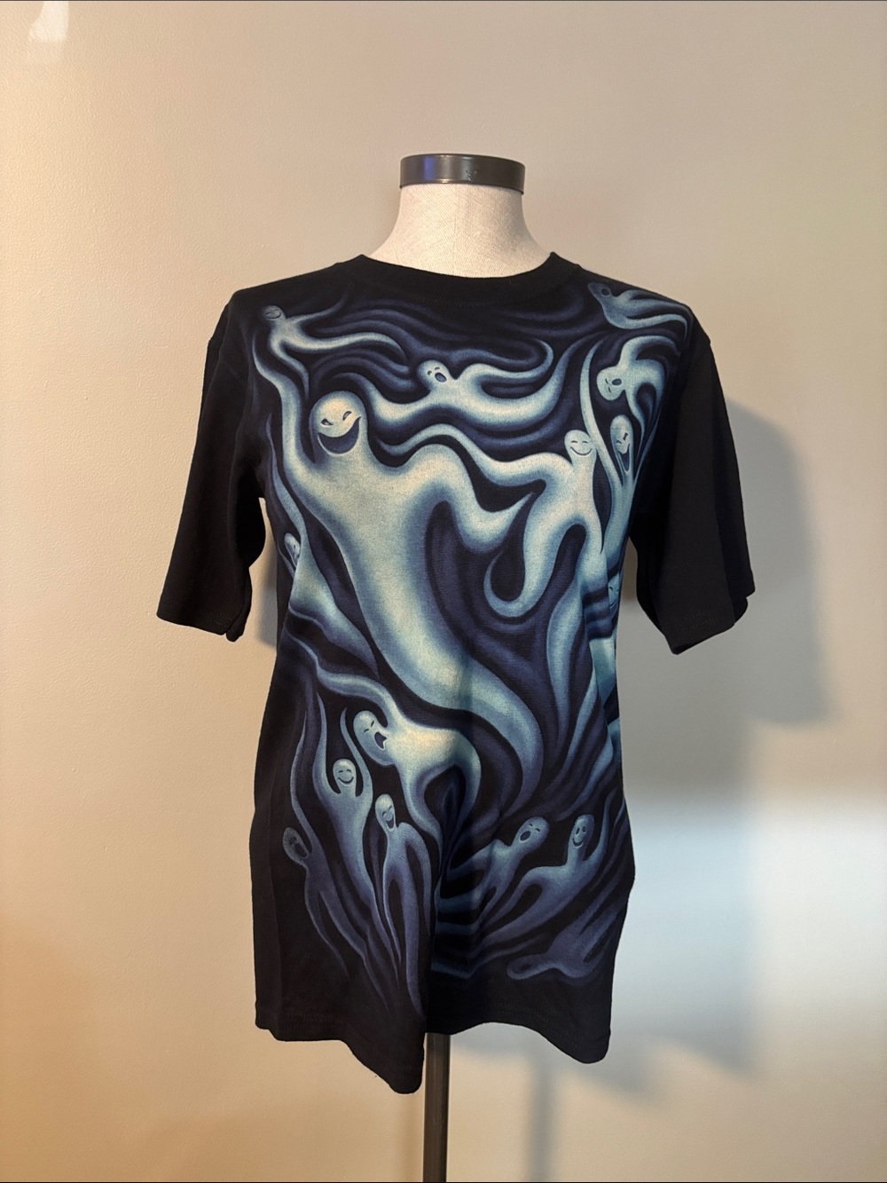Liquid Blue Black Tee with Swirling Blue-Grey Ghosts